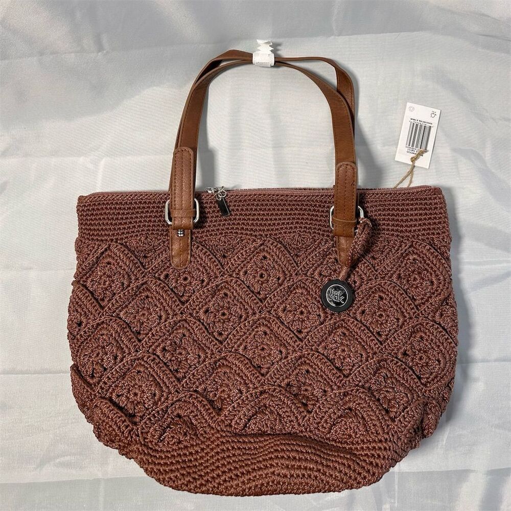 The Sak Women's Brown Hand-Crocheted Tote Bag with Leather Straps